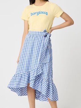 J. Crew Blue and White Gingham Ruffle Wrap Skirt